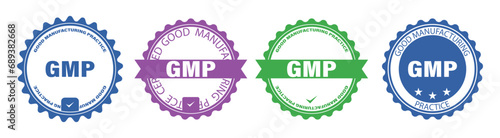 GMP set of round badges. Certified industrial stickers for products with Good Manufacturing Practice tag