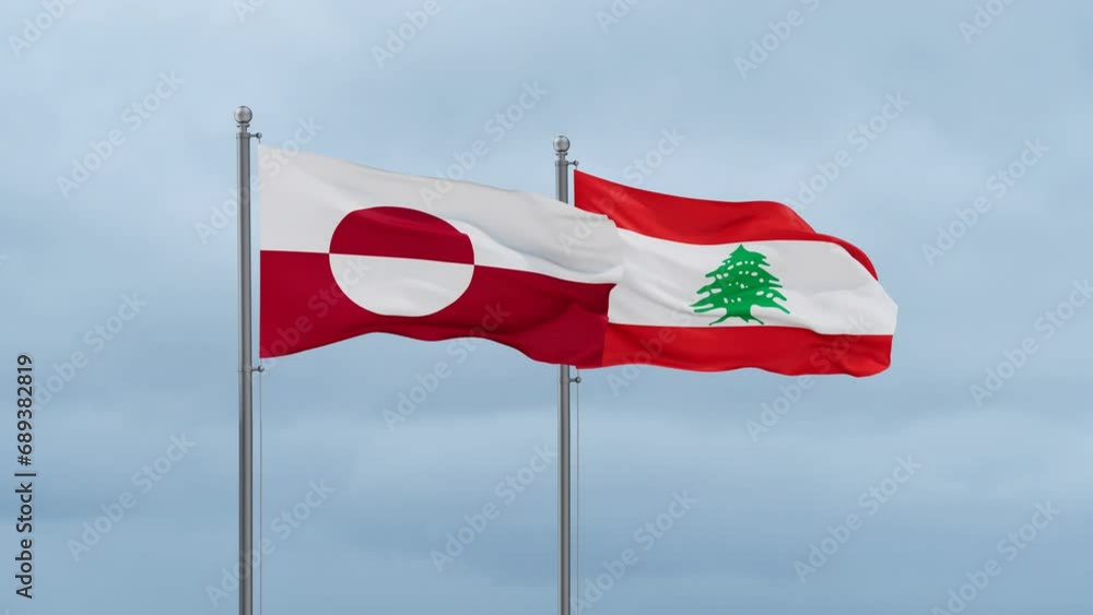 Lebanon flag and Greenland flag waving together on cloudy sky, endless seamless loop, two country relations concept Lebanon flag and Greenland flag waving together on cloudy sky, endless seamless loop, two country relations concept