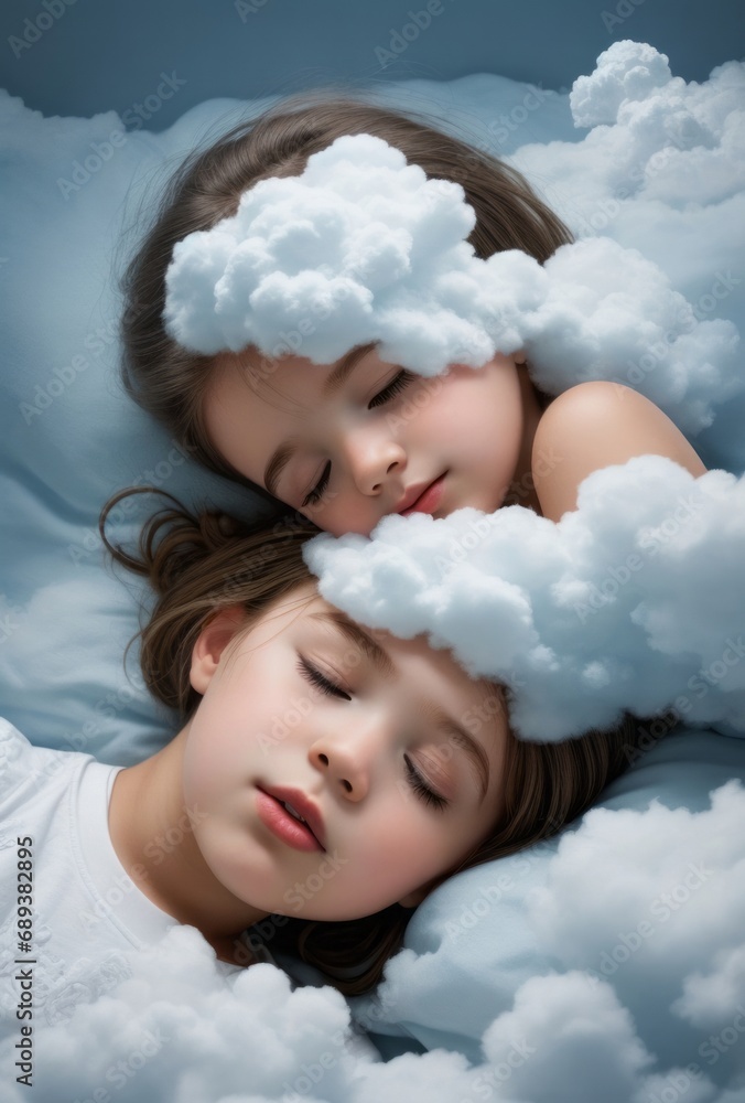 Two girls sisters sleeping next to each other between the clouds
