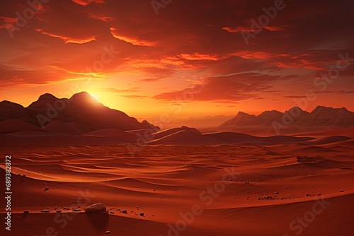 A vast, arid desert landscape at sunset, with the last rays of sunlight painting the dunes in shades of gold and crimson