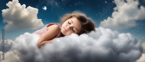 A little girl sleeping on a cloud under the night sky