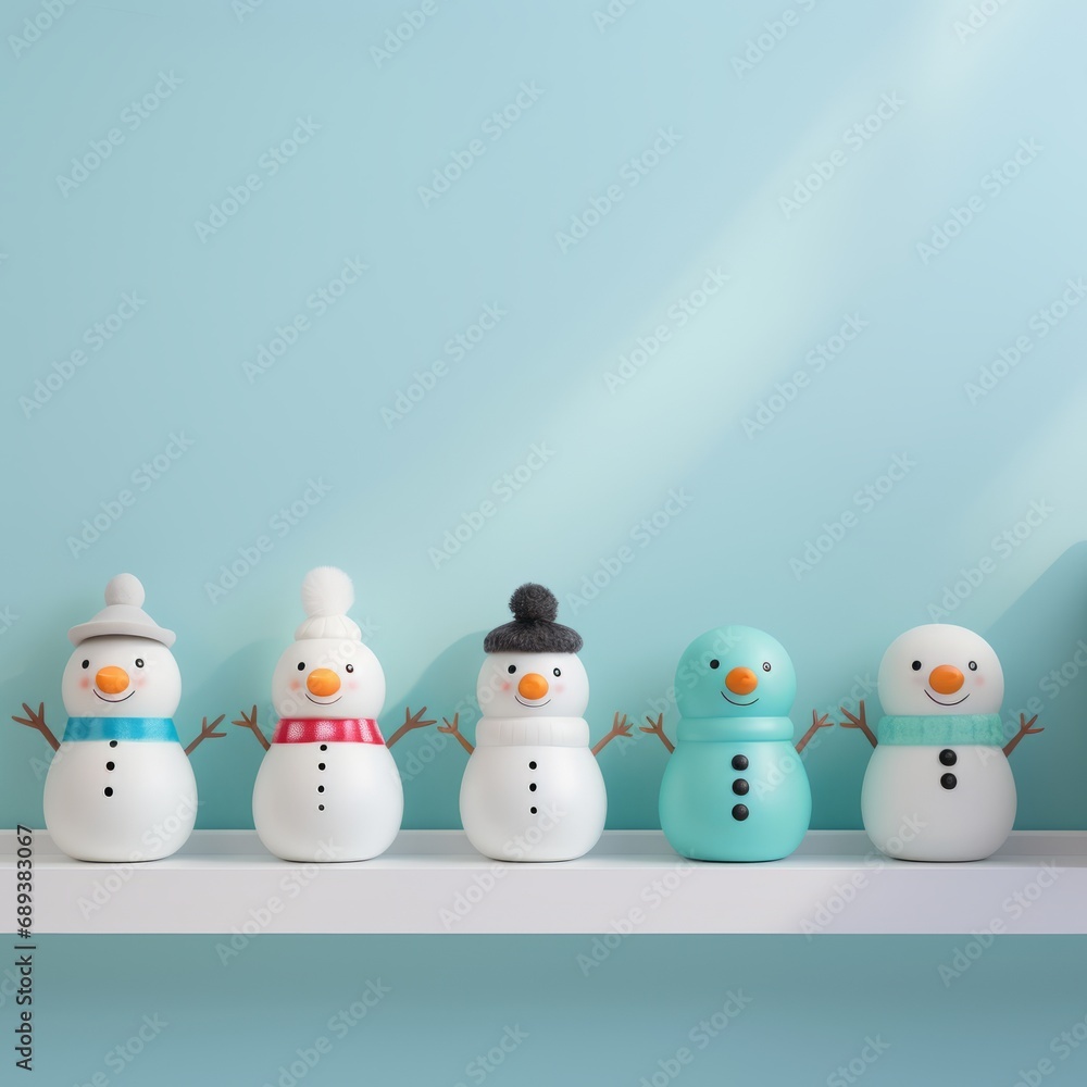 Line up of different snowman toy, sitting on a light blue shelf in a light mint room, beautiful clean light, simple Line up of different snowman toy, sitting on a light blue shelf in a light mint room, beautiful clean light, simple