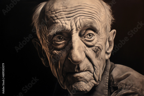 charcoal sketch of an elderly man with deep-set eyes  defined cheekbones  and a weathered expression