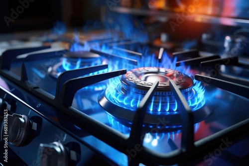 Gas kitchen stove cook with blue flames burning © Tixel