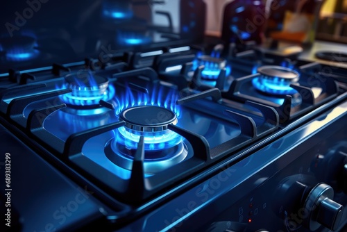 Gas kitchen stove cook with blue flames burning