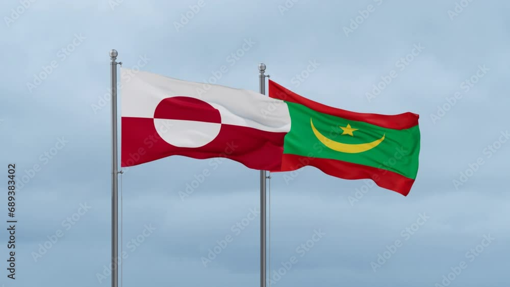 Mauritania flag and Greenland flag waving together on cloudy sky, endless seamless loop, two country relations concept Mauritania flag and Greenland flag waving together on cloudy sky, endless seamless loop, two country relations concept