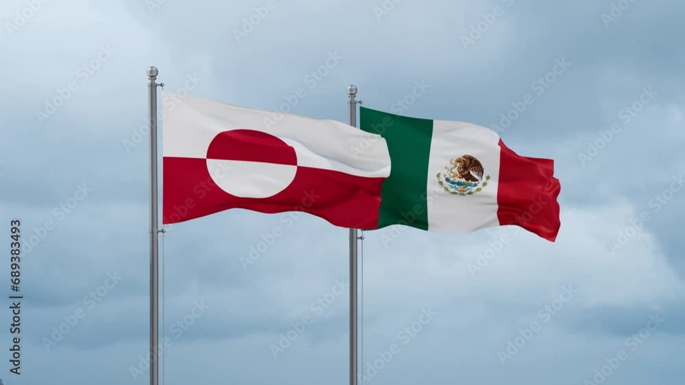 Mexico flag and Greenland flag waving together on cloudy sky, endless seamless loop, two country relations concept Mexico flag and Greenland flag waving together on cloudy sky, endless seamless loop, two country relations concept