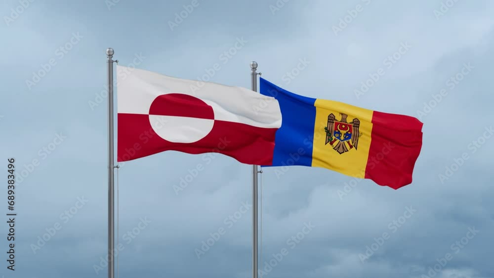 Moldova and Greenland flag waving together on cloudy sky, endless seamless loop, two country cooperation concept Moldova and Greenland flag waving together on cloudy sky, endless seamless loop, two country cooperation concept