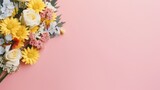 Flat lay view of bouquet of flowers on pastel background