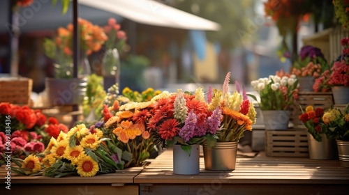 a Farmers Market stall filled with an assortment of vibrant flowers for sale, focusing on the natural beauty and simplicity of the floral arrangements. © lililia
