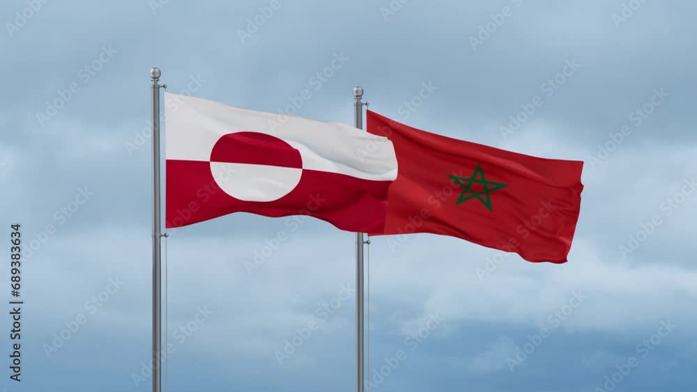 Morocco flag and Greenland flag waving together on cloudy sky, endless seamless loop, two country relations concept Morocco flag and Greenland flag waving together on cloudy sky, endless seamless loop, two country relations concept