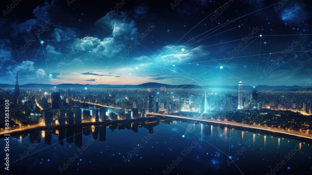 smart network and connection technology, set against the backdrop of city at night, a panoramic view, to symbolize the integration of technology with urban landscapes. smart network and connection technology, set against the backdrop of city at night, a panoramic view, to symbolize the integration of technology with urban landscapes.
