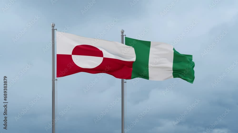 Nigeria flag and Greenland flag waving together on cloudy sky, endless seamless loop, two country relations concept Nigeria flag and Greenland flag waving together on cloudy sky, endless seamless loop, two country relations concept