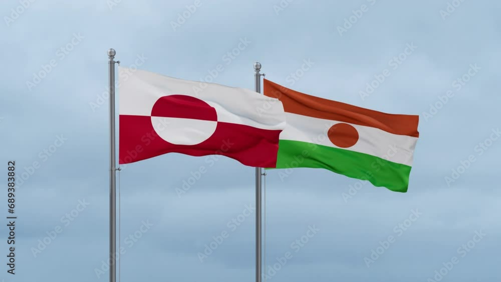 Niger flag and Greenland flag waving together on cloudy sky, endless seamless loop, two country relations concept Niger flag and Greenland flag waving together on cloudy sky, endless seamless loop, two country relations concept