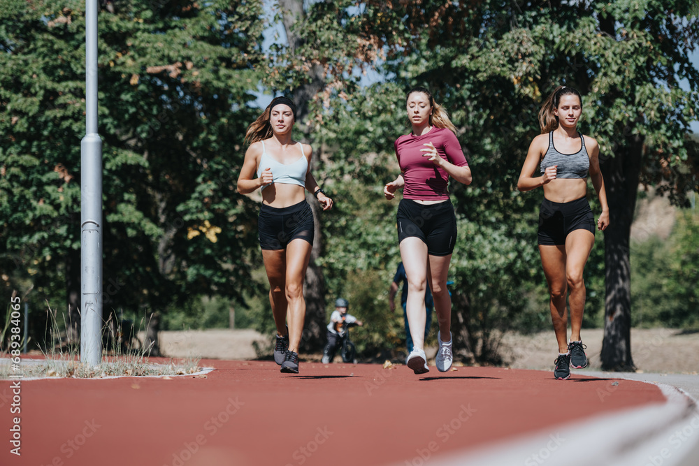 Active Females Enjoying Jogging in a City Park on a Sunny Day.