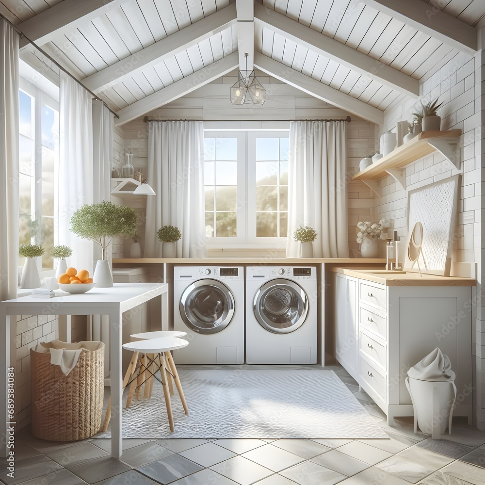Modern Laundry Room with Desk with a washer and dryer, a desk, and