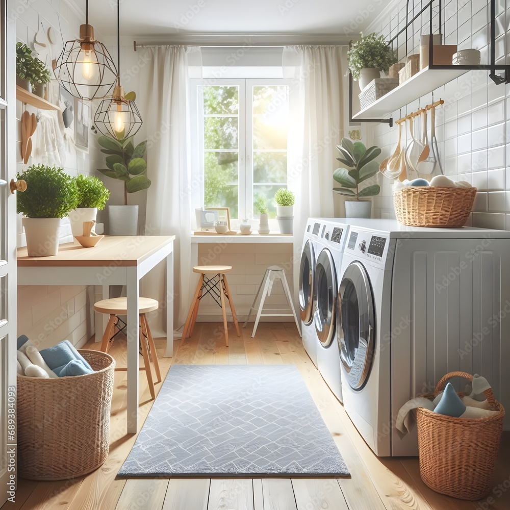 Modern Laundry Room with Desk with a washer and dryer, a desk, and