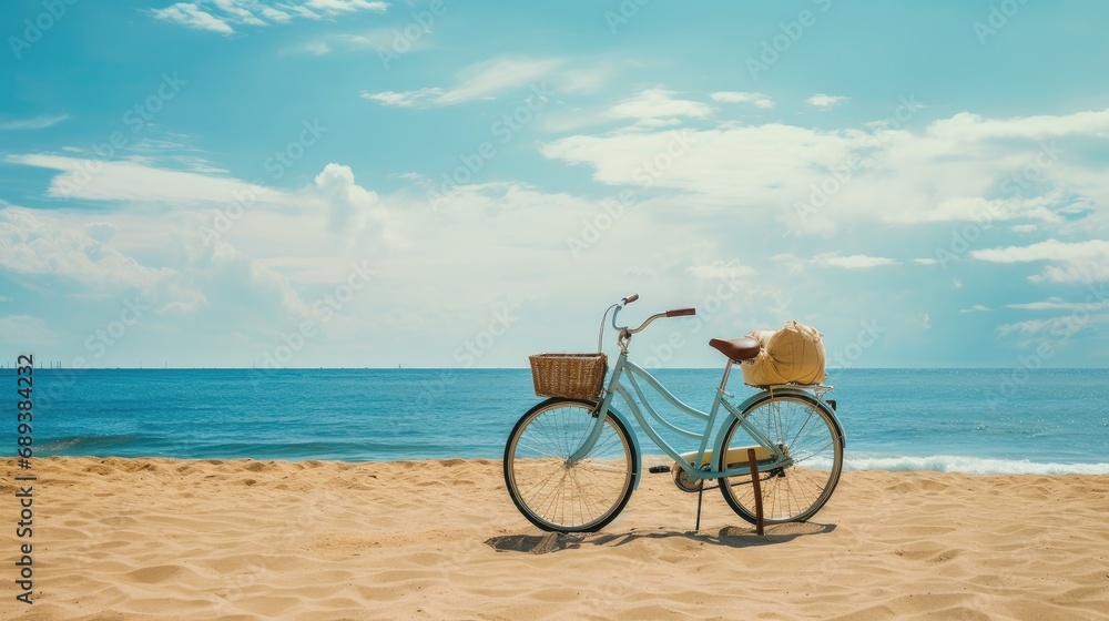 Fototapeta premium a bicycle near the beach, capturing the serene atmosphere and coastal charm, emphasizing the simplicity and tranquility of the beachside scene.