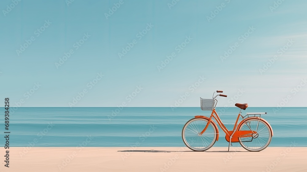 Fototapeta premium a bicycle near the beach, capturing the serene atmosphere and coastal charm, emphasizing the simplicity and tranquility of the beachside scene.