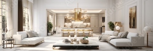 A grand living room with opulent decor seamlessly merging into a pristine white kitchen exuding modern sophistication. 8k © UMR