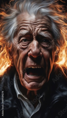Portrait of a graying wrinkled old man screaming in pain against the backdrop of a fire © Mikalai