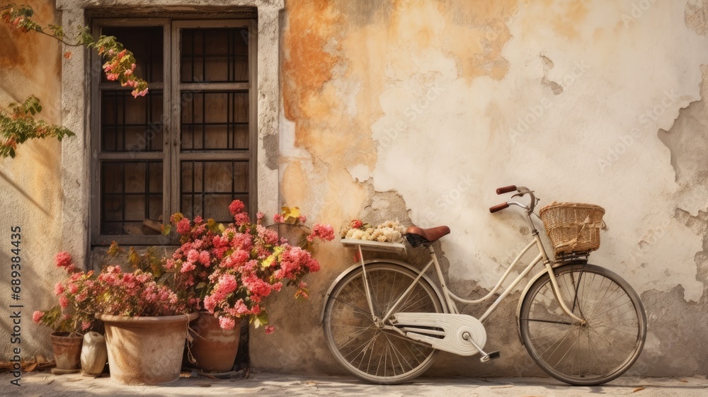 an antique bicycle with buckets of flowers parked in front of an old building, emphasizing the vintage charm and simplicity of the scene.