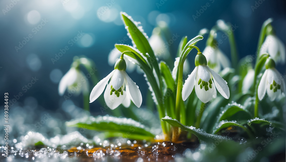 beautiful spring flowers snowdrops close up - obrazy, fototapety, plakaty 