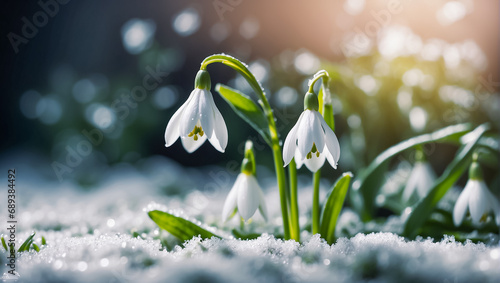 Gorgeous spring flowers snowdrops close up snow photo