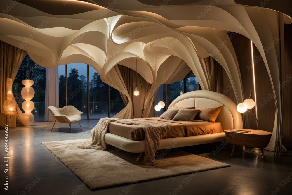 Fototapeta premium Bedroom with unique ceiling installation of soft, woven fabric in warm beige tones
