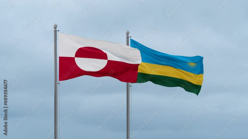 Republic of Rwanda and Greenland flag waving together on cloudy sky, endless seamless loop, two country cooperation concept Republic of Rwanda and Greenland flag waving together on cloudy sky, endless seamless loop, two country cooperation concept