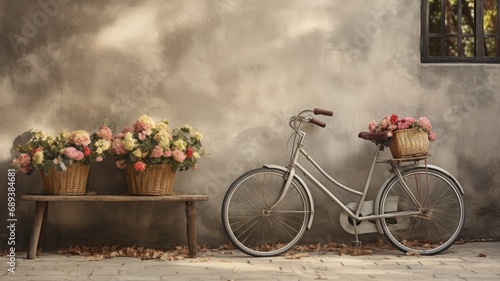 an antique bicycle with buckets of flowers parked in front of an old building, emphasizing the vintage charm and simplicity of the scene. © lililia