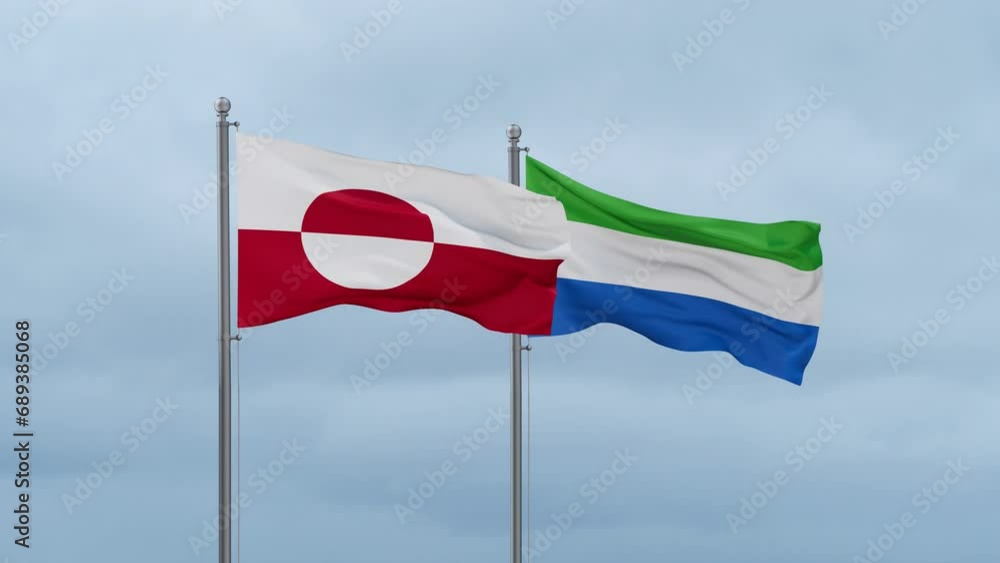 Sierra Leone or Salone and Greenland flag waving together on cloudy sky, endless seamless loop, two country cooperation concept Sierra Leone or Salone and Greenland flag waving together on cloudy sky, endless seamless loop, two country cooperation concept