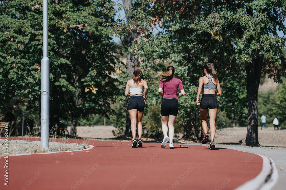 Active females jogging outdoors in a city park. They are fit and sporty, enjoying their workout under sunny skies. An ideal place for outdoor sports and training.
