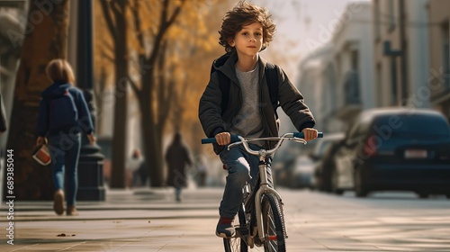 a boy walking with a bicycle on the street, a minimalist, modern style, highlighting the simplicity and youthful energy of the street scene.