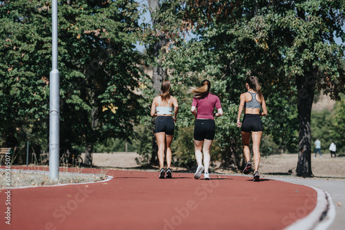 Active females jogging outdoors in a city park. They are fit and sporty, enjoying their workout under sunny skies. An ideal place for outdoor sports and training. © qunica.com