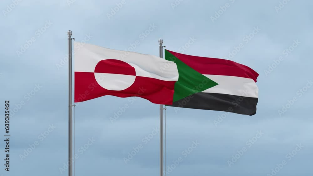 Sudan and Greenland flag waving together on cloudy sky, endless seamless loop, two country cooperation concept Sudan and Greenland flag waving together on cloudy sky, endless seamless loop, two country cooperation concept