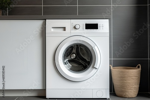 Wallpaper Mural Washing machine. Bathroom. Laundry. Laundry. Minimalistic design, white tile wall Torontodigital.ca