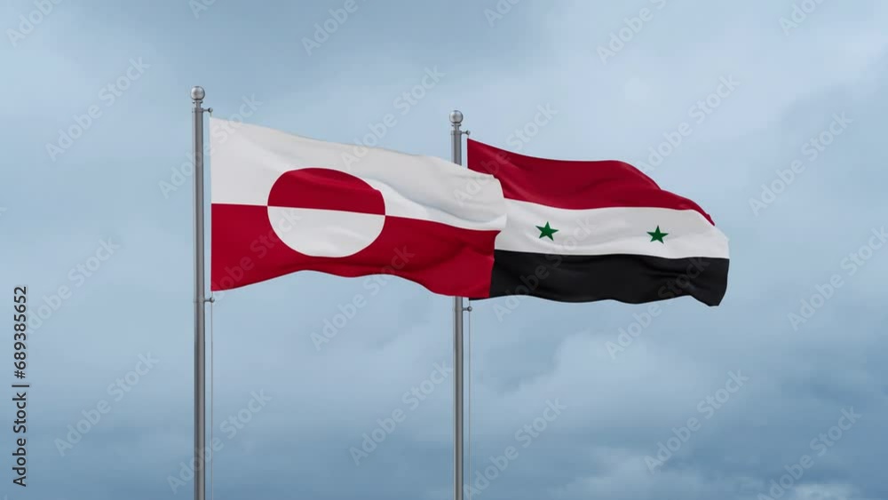 Syrian Arab Republic, Syria and Greenland flag waving together on cloudy sky, endless seamless loop, two country cooperation concept Syrian Arab Republic, Syria and Greenland flag waving together on cloudy sky, endless seamless loop, two country cooperation concept
