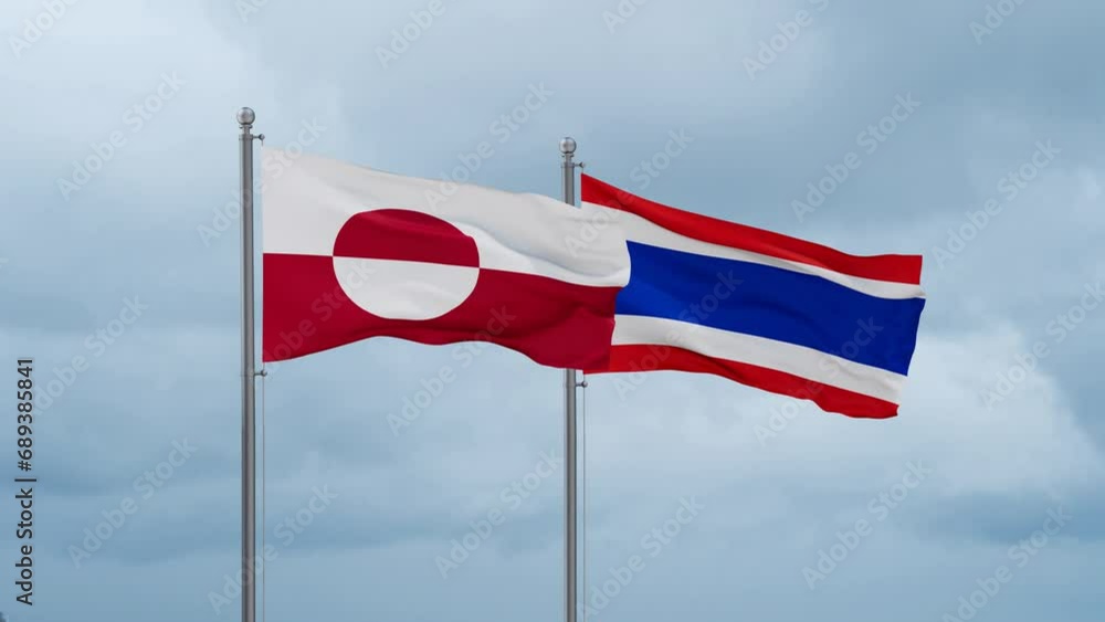 Kingdom of Thailand and Greenland flag waving together on cloudy sky, endless seamless loop, two country cooperation concept Kingdom of Thailand and Greenland flag waving together on cloudy sky, endless seamless loop, two country cooperation concept