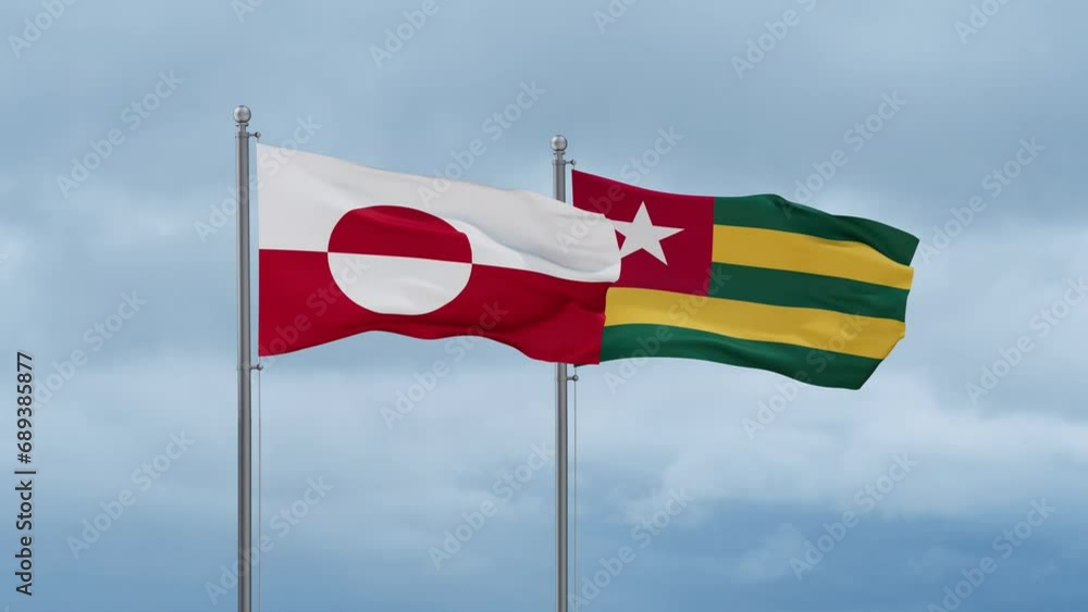 Togo, Togolese Republic and Greenland flag waving together on cloudy sky, endless seamless loop, two country cooperation concept Togo, Togolese Republic and Greenland flag waving together on cloudy sky, endless seamless loop, two country cooperation concept