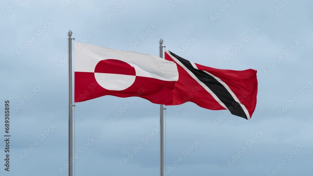 Trinidad and Tobago and Greenland flag waving together on cloudy sky, endless seamless loop, two country cooperation concept Trinidad and Tobago and Greenland flag waving together on cloudy sky, endless seamless loop, two country cooperation concept