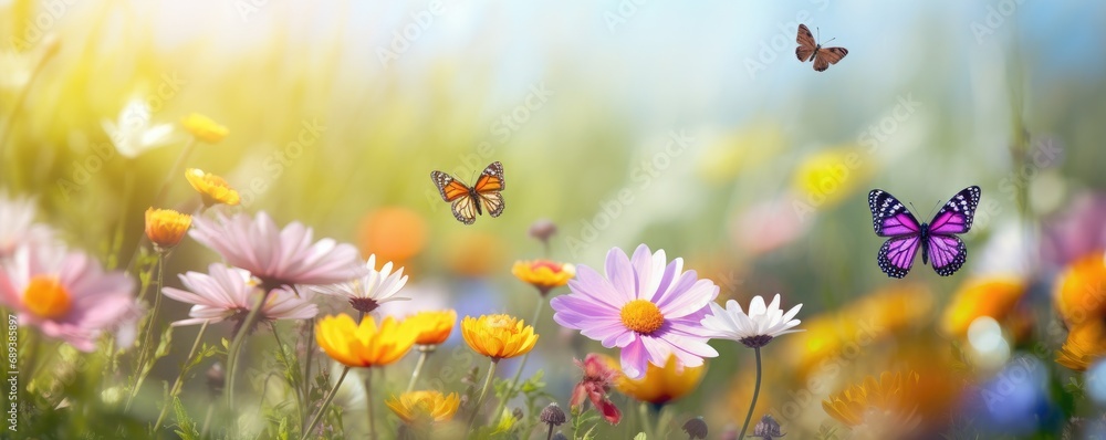 Spring meadow with butterflies banner Spring meadow with butterflies banner