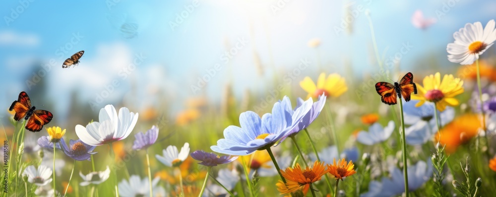 Spring meadow with butterflies banner Spring meadow with butterflies banner