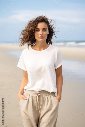 Portrait of a beautiful young woman in white t-shirt on the beach