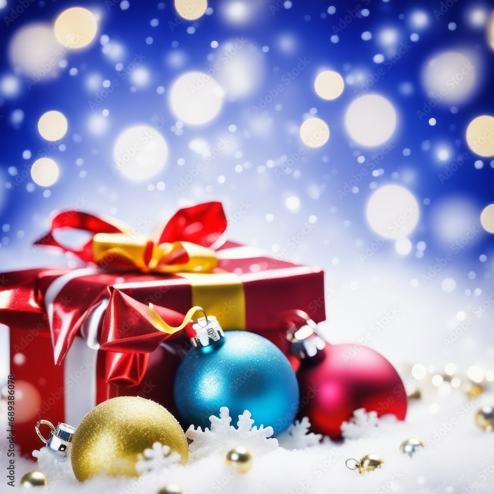 Christmas Gifts box on a snowy background, A bokeh background effect. Christmas Gifts box on a snowy background, A bokeh background effect.