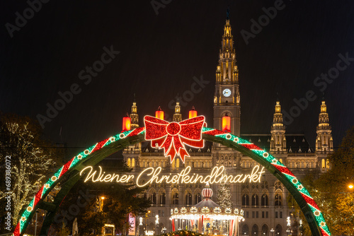 Vienna Christmas market decoration against the background of the town hall on Rathausplatz