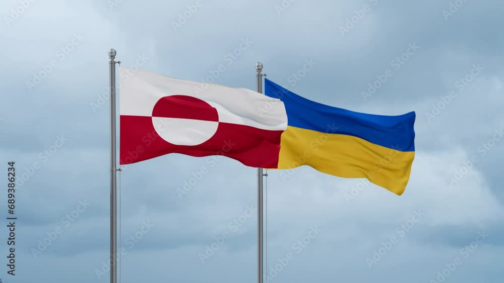 Ukraine and Greenland flag waving together on cloudy sky, endless seamless loop, two country cooperation concept Ukraine and Greenland flag waving together on cloudy sky, endless seamless loop, two country cooperation concept