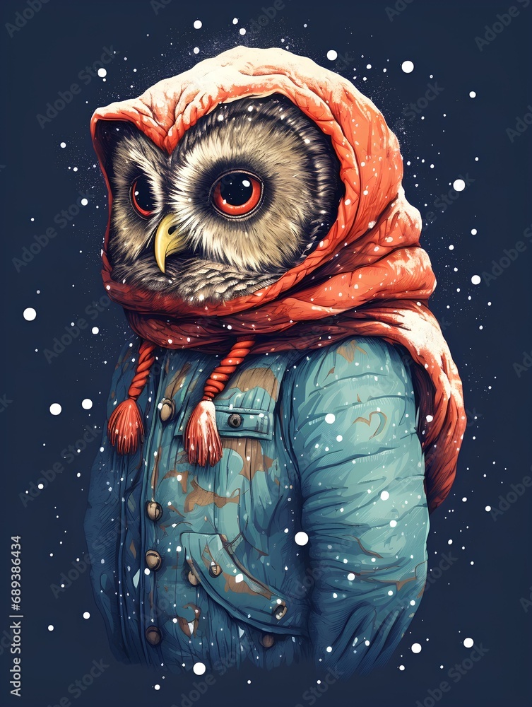 a full body standing cozy realistic owl snugged up in a warm wool sweater, snow falling softly outside, winter vibe, minimalistic design, modern art, nordic style. generative AI
