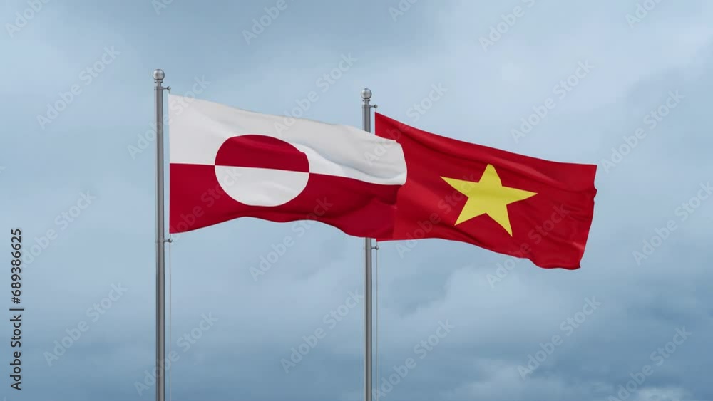 Vietnam and Greenland flag waving together on cloudy sky, endless seamless loop Vietnam and Greenland flag waving together on cloudy sky, endless seamless loop