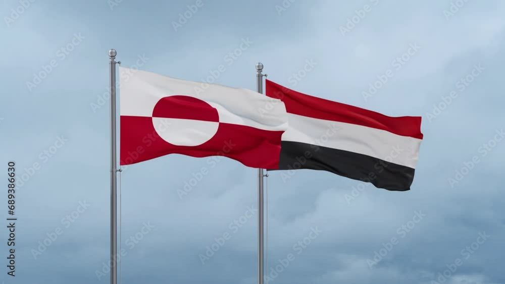 Yemen and Greenland flag waving together on cloudy sky, endless seamless loop, two country cooperation concept Yemen and Greenland flag waving together on cloudy sky, endless seamless loop, two country cooperation concept